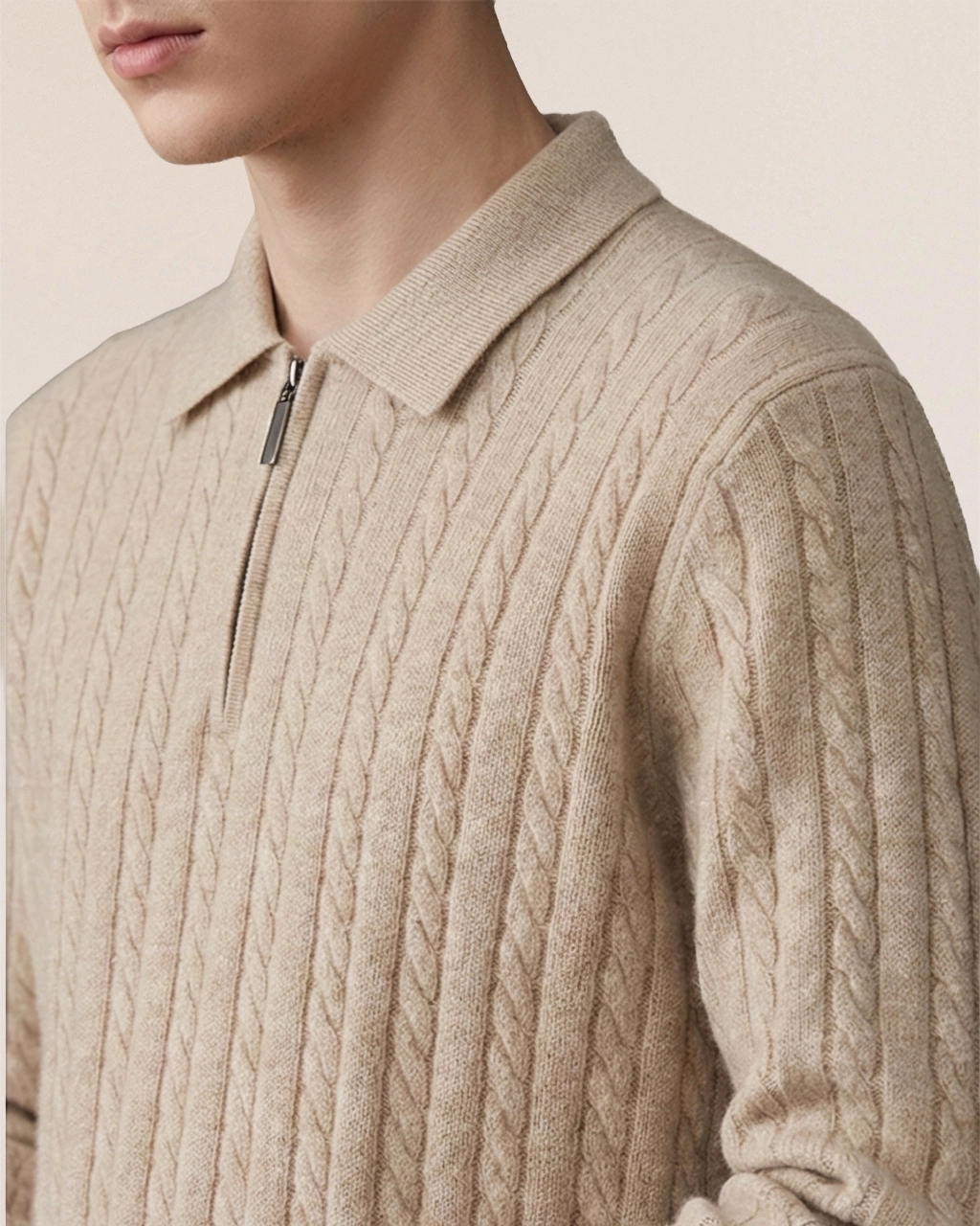 Close-up of VIONIS·XY 330g 100% Inner Mongolian Cashmere quarter-zip collar in Beige with premium metal zipper