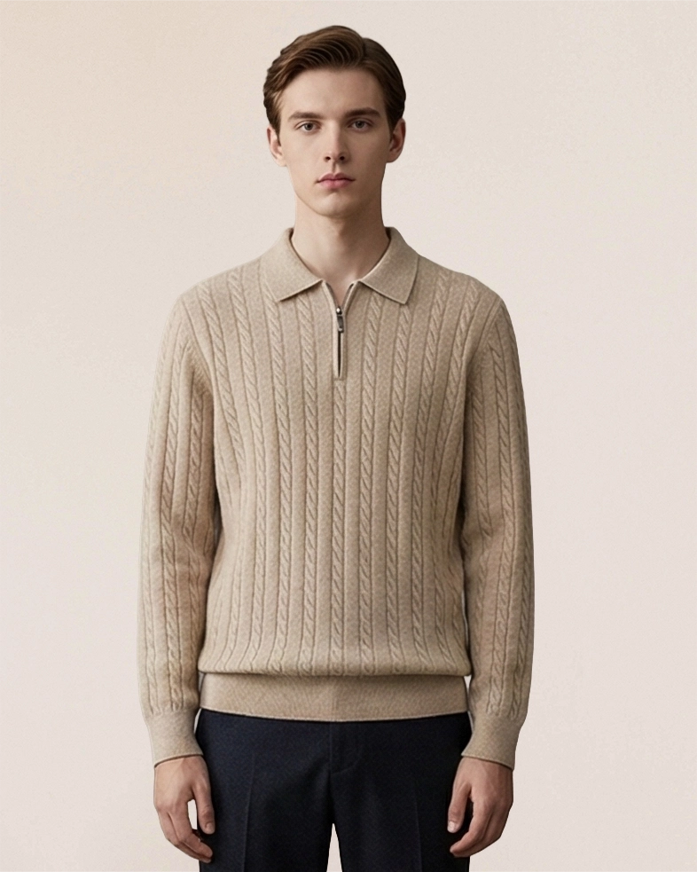 VIONIS·XY 330g 100% Inner Mongolian Cashmere quarter-zip cable sweater in Beige, front view with structured collar