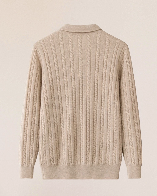 VIONIS·XY 330g 100% Inner Mongolian Cashmere quarter-zip cable sweater flat lay in Beige