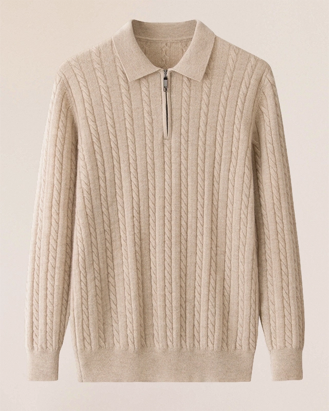 VIONIS·XY 330g 100% Inner Mongolian Cashmere quarter-zip cable sweater flat lay in Beige