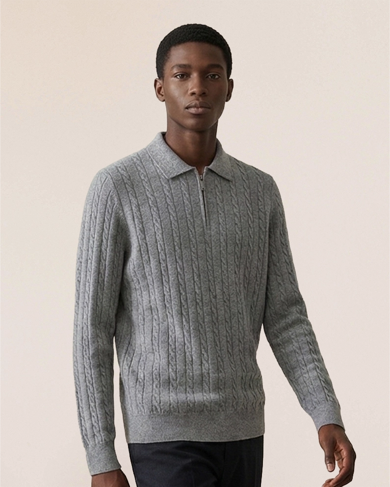 Side profile of VIONIS·XY 330g 100% Inner Mongolian Cashmere cable knit in Heather Grey