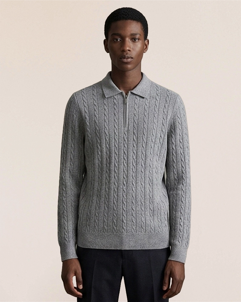 VIONIS·XY 330g 100% Inner Mongolian Cashmere quarter-zip cable sweater in Heather Grey, front view
