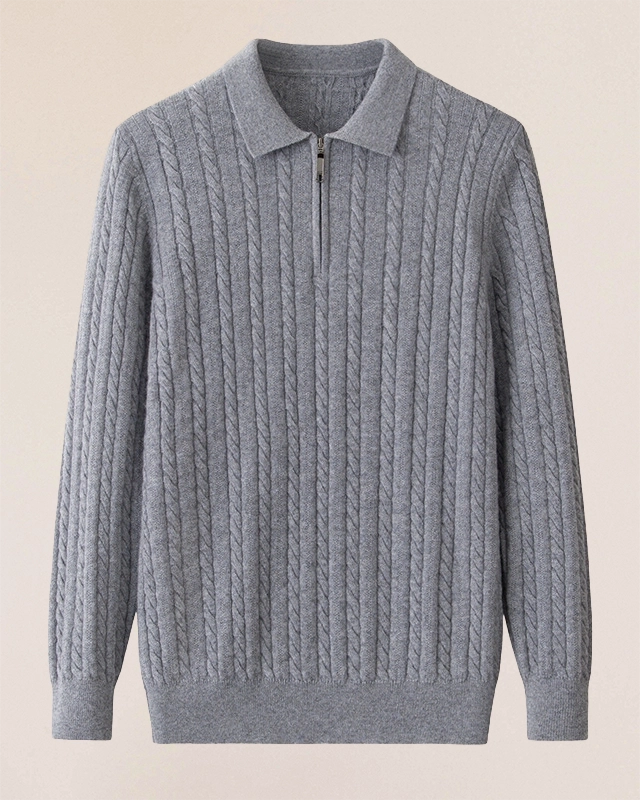VIONIS·XY 330g 100% Inner Mongolian Cashmere quarter-zip cable sweater flat lay in Heather Grey