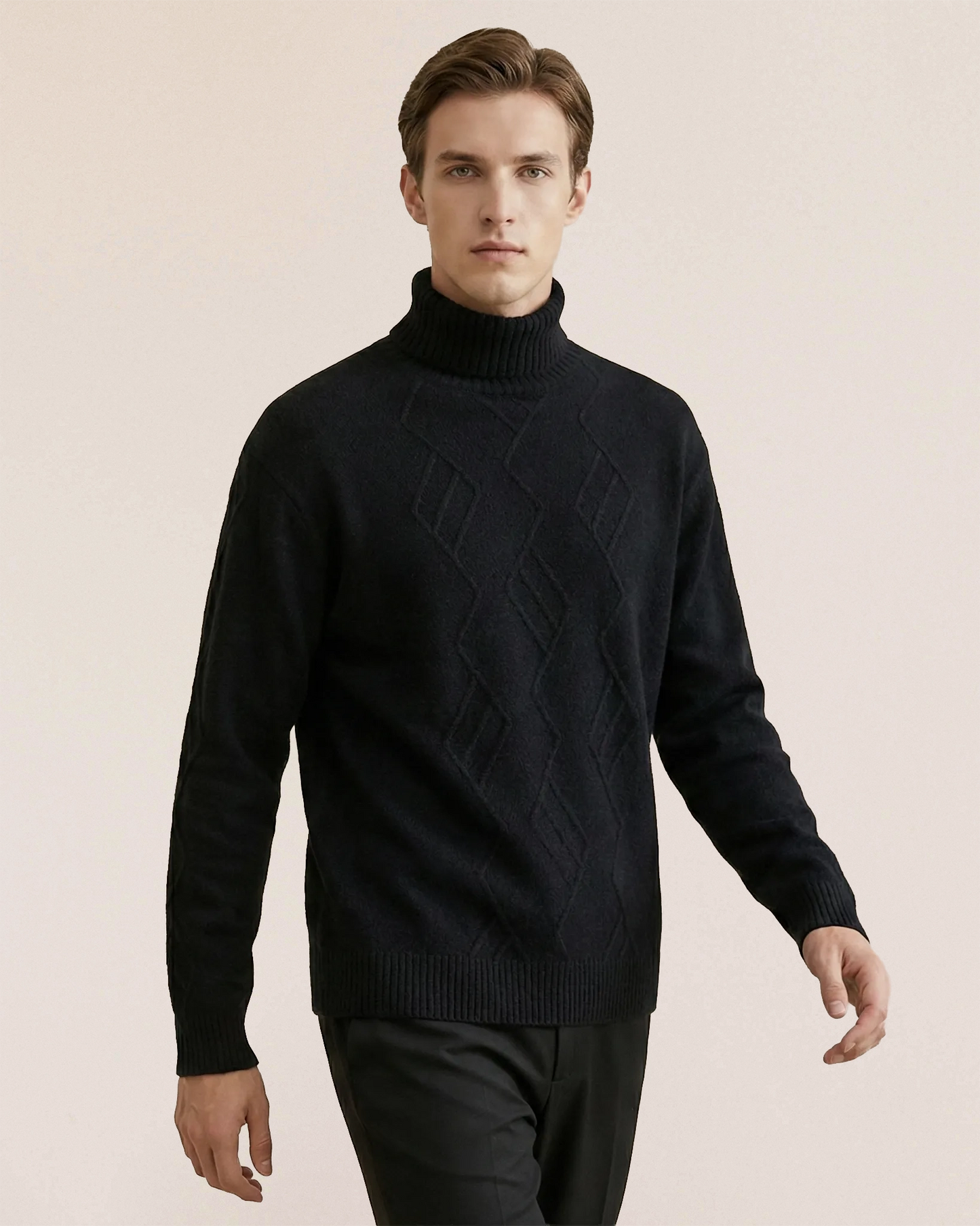 Black VIONIS·XY cashmere sweater side view, relaxed yet structured fit in double-weight cashmere