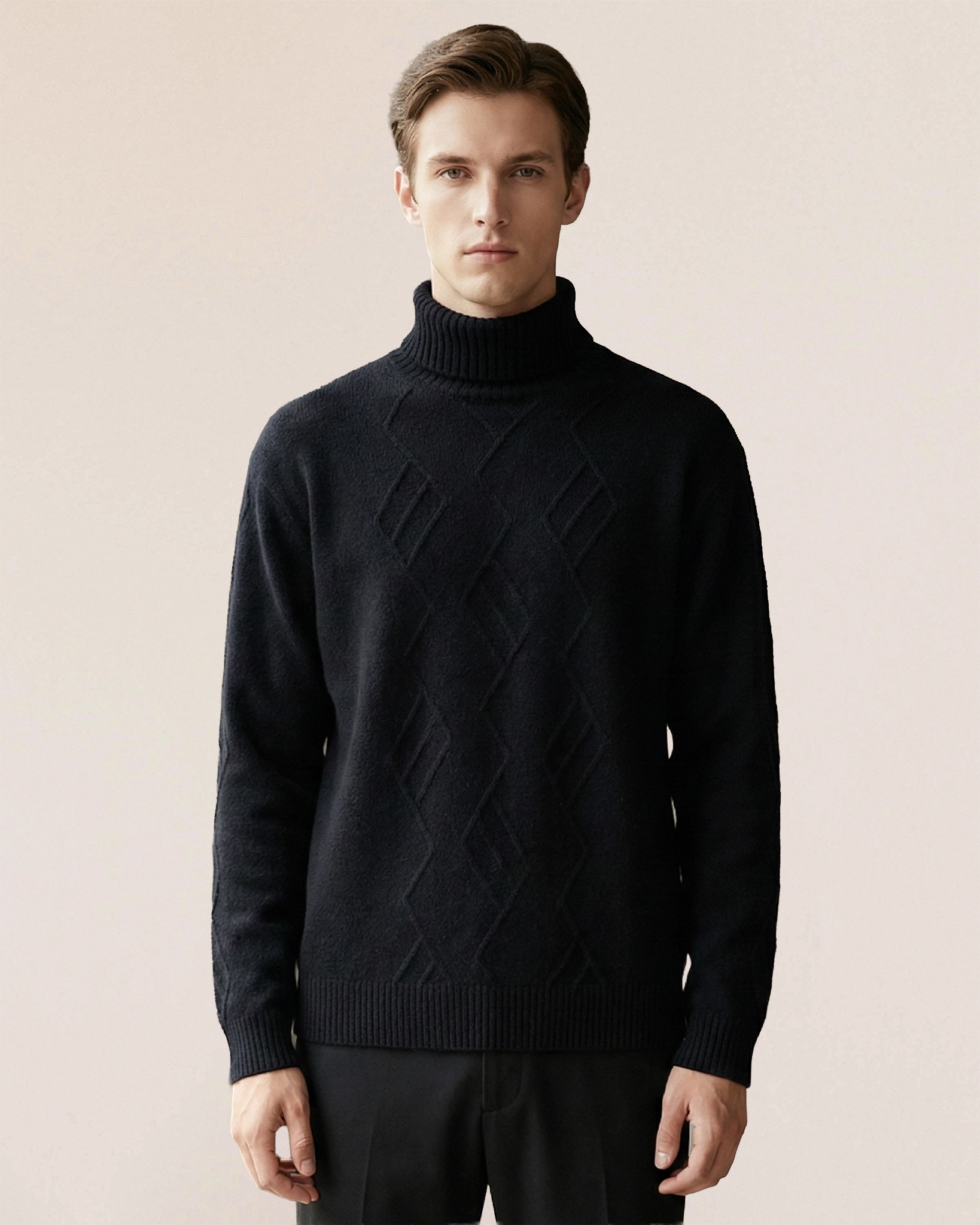 VIONIS·XY 460g Mongolian cashmere sweater in black, front view showcasing sculptural diamond knit