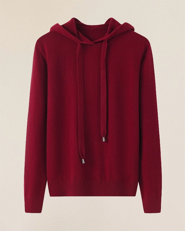 Back view of VIONIS·XY bordeaux cashmere hoodie, refined silhouette in dense cashmere knit

