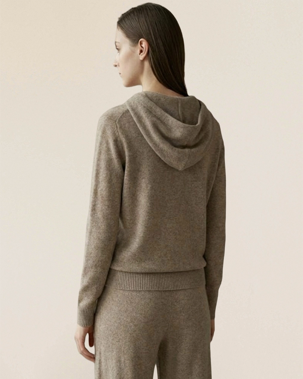Back view of VIONIS·XY oatmeal cashmere hoodie, crafted from 100% Inner Mongolian cashmere
