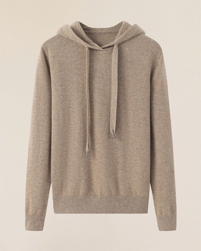VIONIS·XY cashmere hoodie in oatmeal, 100% Inner Mongolian cashmere with a structured, substantial feel