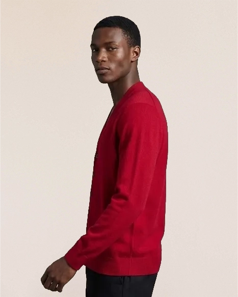 Bordeaux VIONIS·XY cashmere cardigan side view, elegant drape in lightweight cashmere