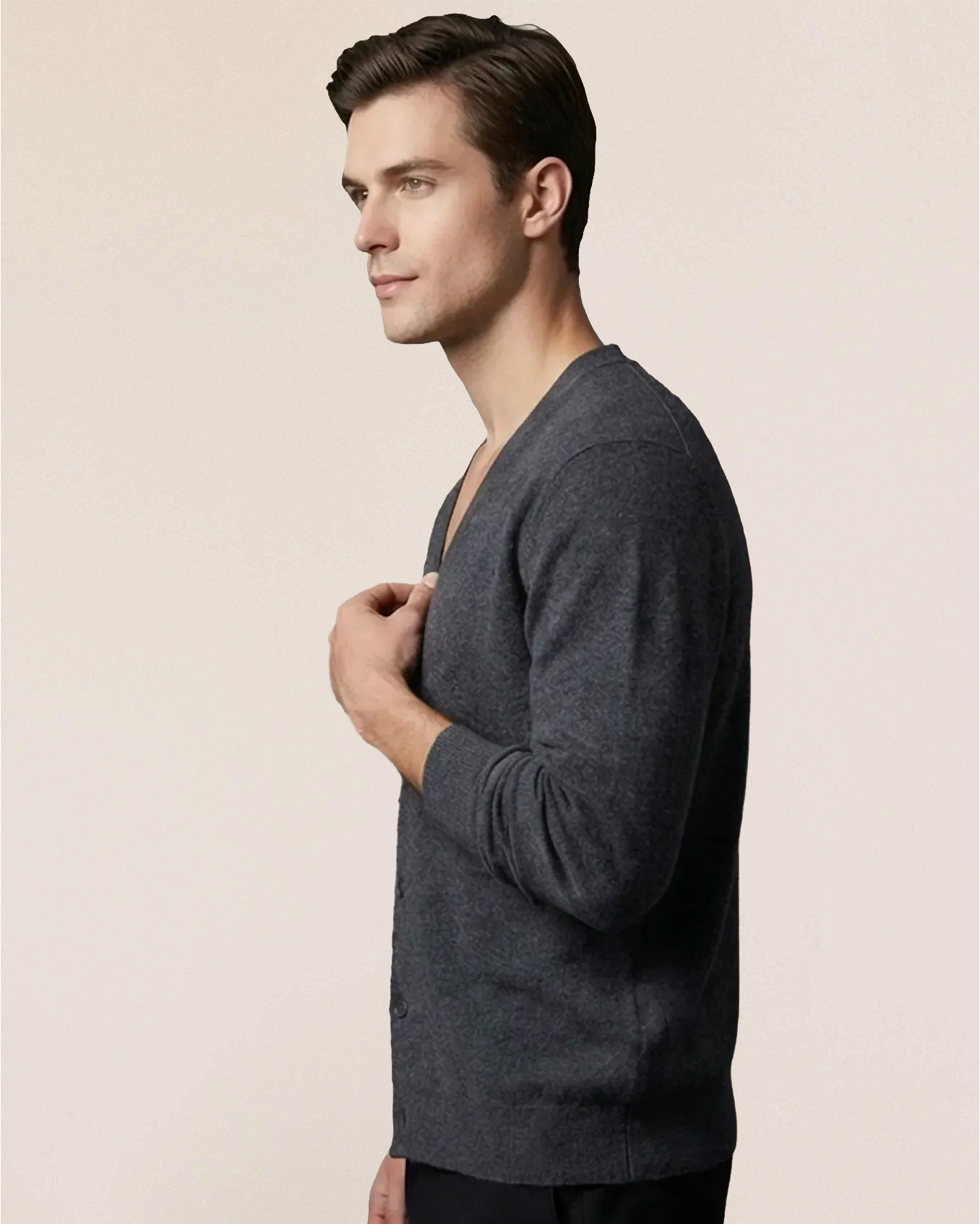 VIONIS·XY charcoal grey cashmere cardigan back view, minimal and business-ready