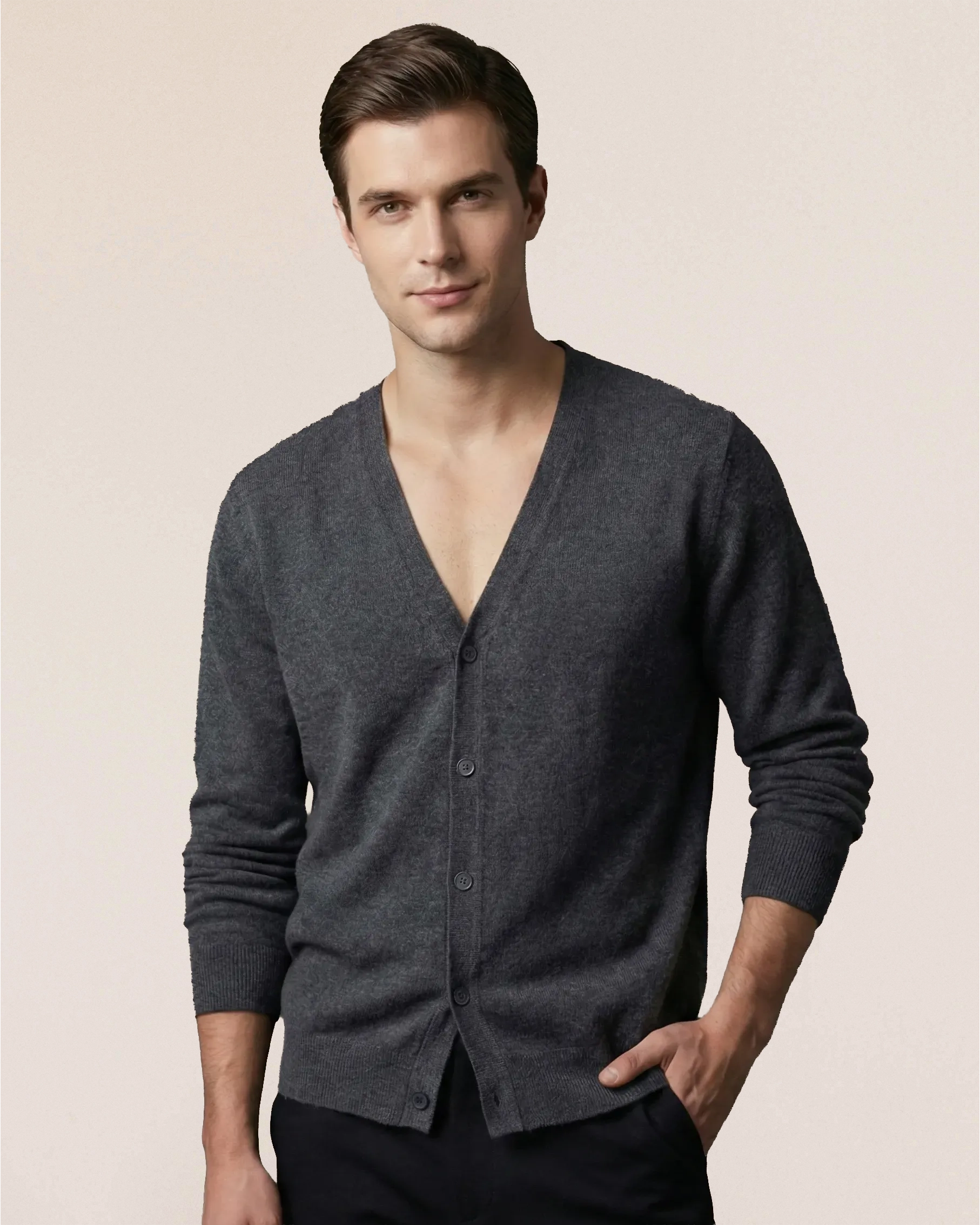 VIONIS·XY 280g Inner Mongolia cashmere cardigan in charcoal grey, front view with sleek silhouette