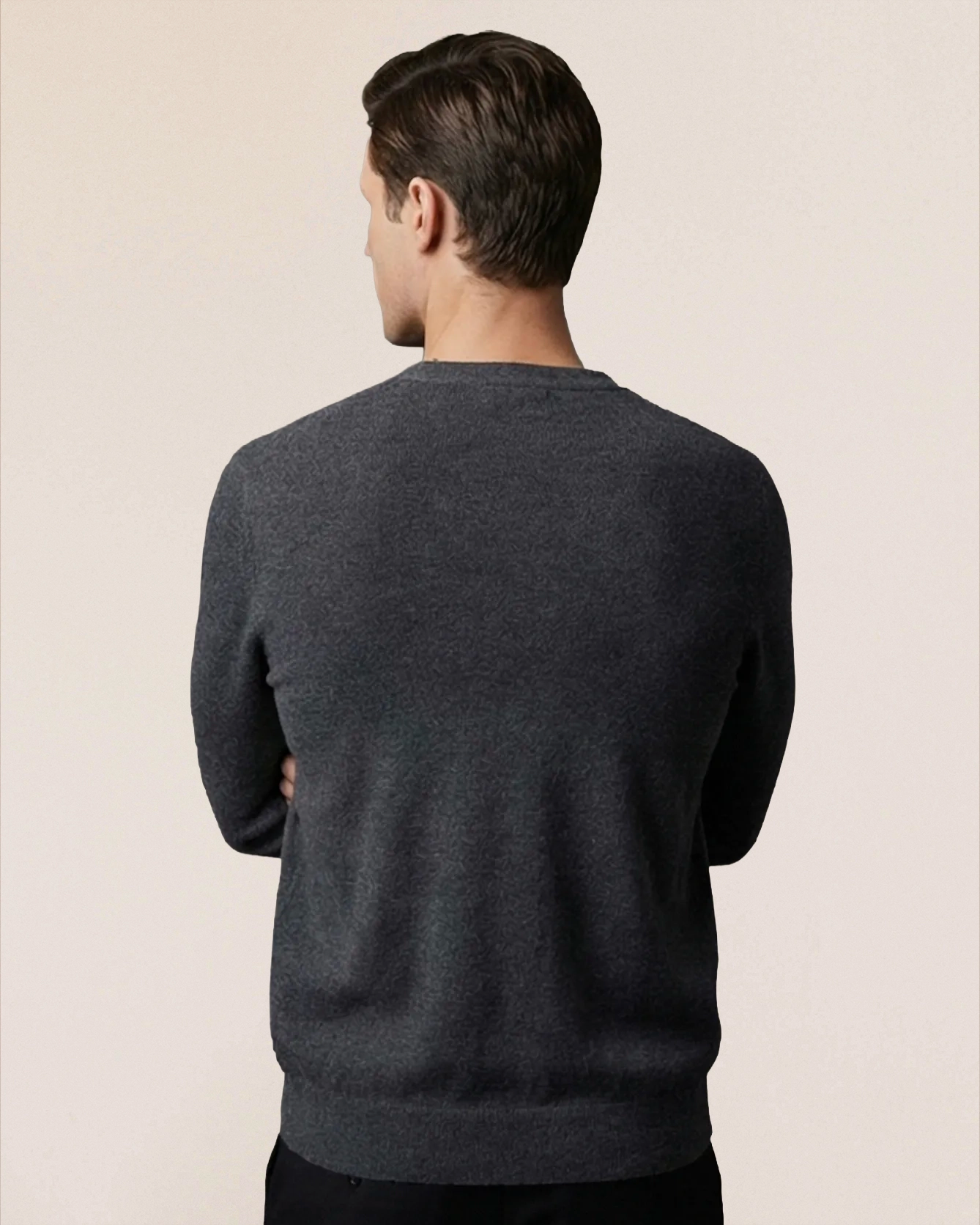VIONIS·XY charcoal grey cashmere cardigan back view, minimal and business-ready