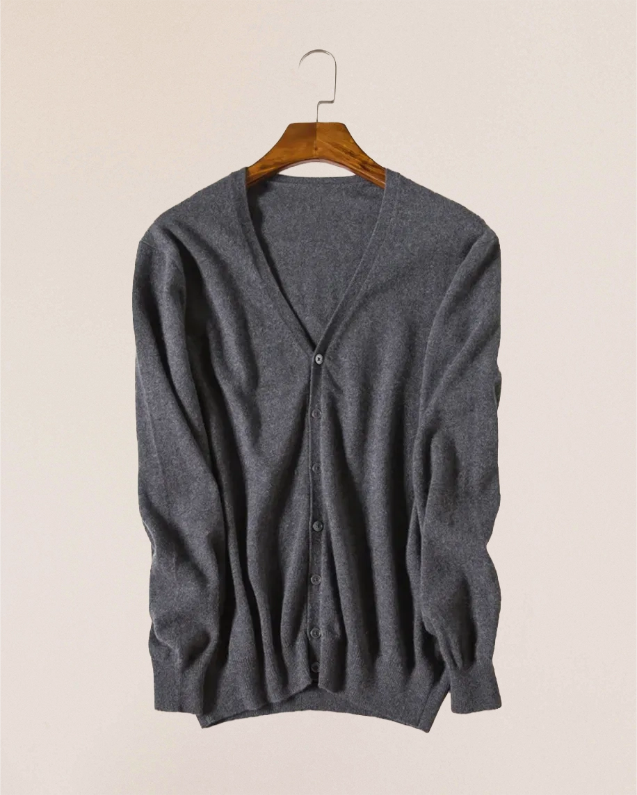 VIONIS·XY charcoal grey cashmere cardigan flat lay, refined everyday luxury staple
