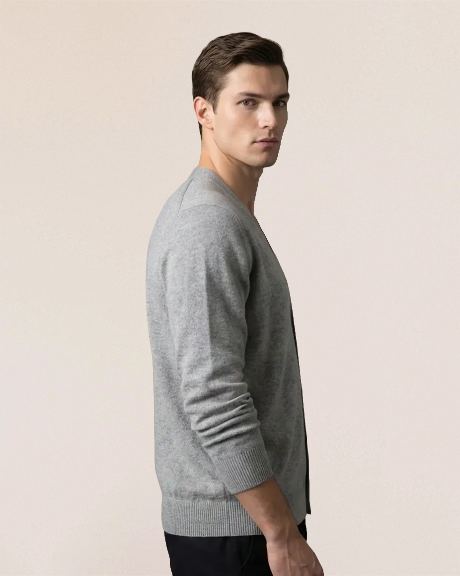 VIONIS·XY heather grey cashmere cardigan back view, clean lines and smooth drape