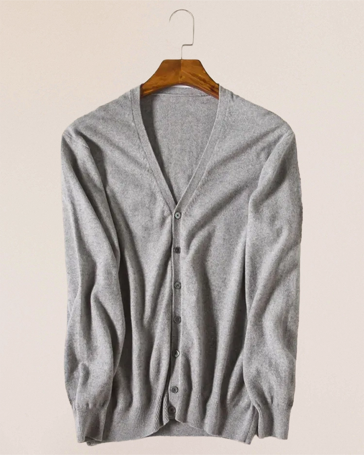 VIONIS·XY heather grey cashmere cardigan flat lay, lightweight 280g cashmere shown clearly