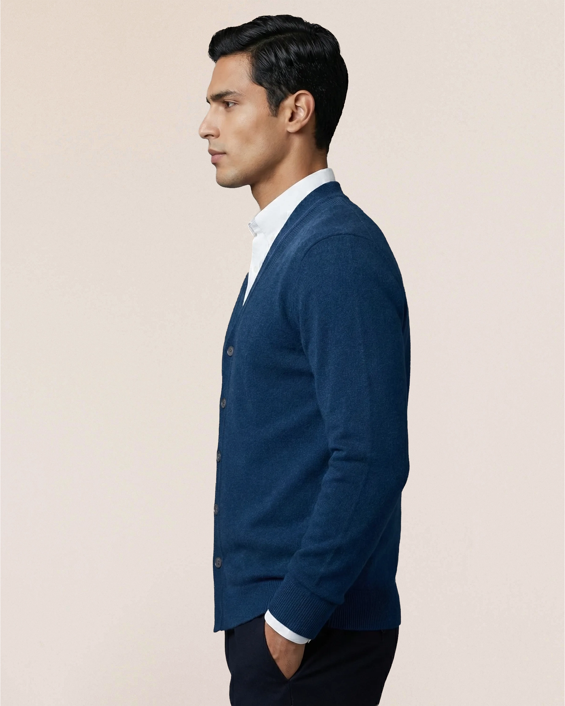 Slate blue VIONIS·XY cashmere cardigan side view, lightweight layering design