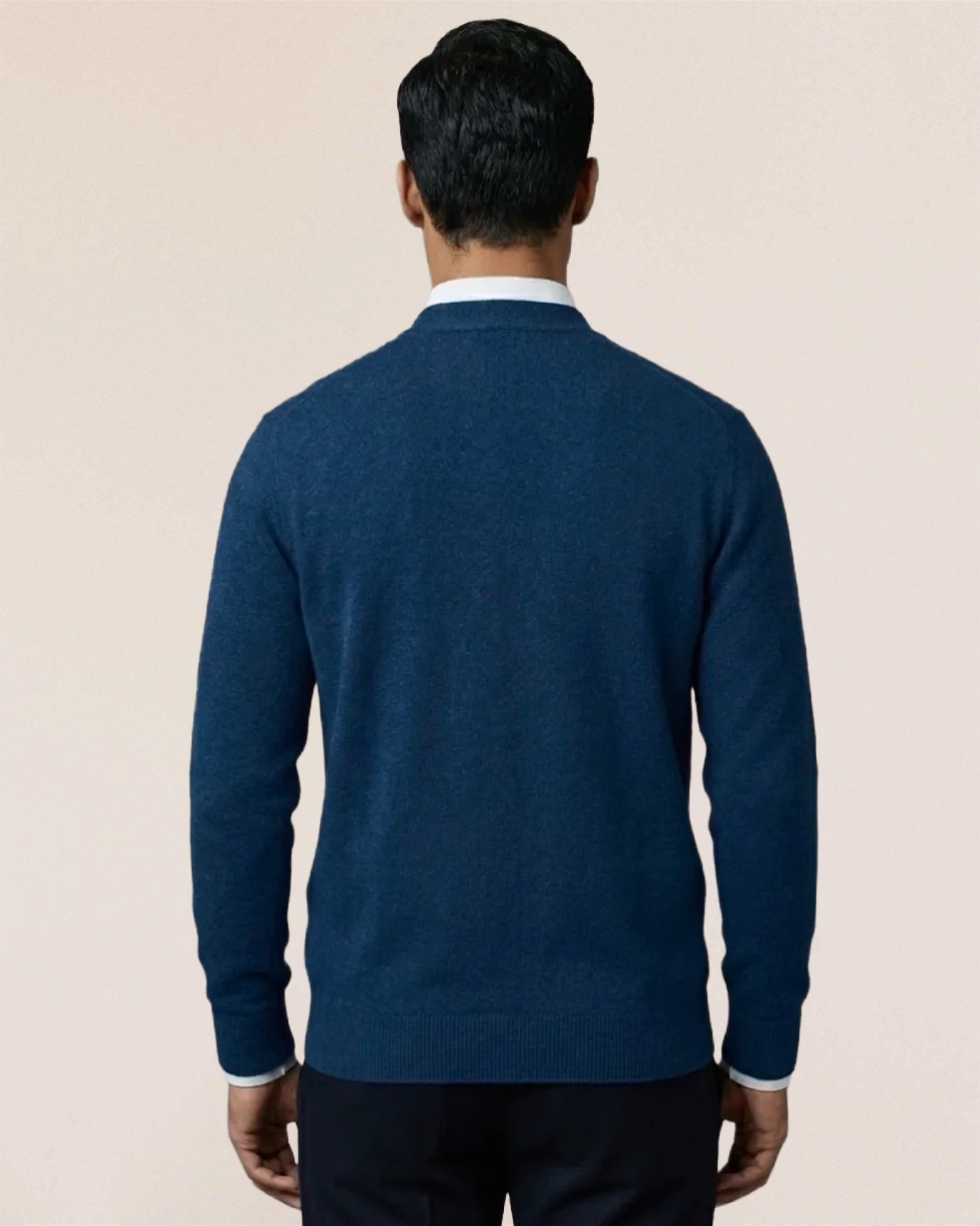 VIONIS·XY 280g 100% Inner Mongolia Cashmere Signature V-Neck Cardigan Slate Blue Back View on Model