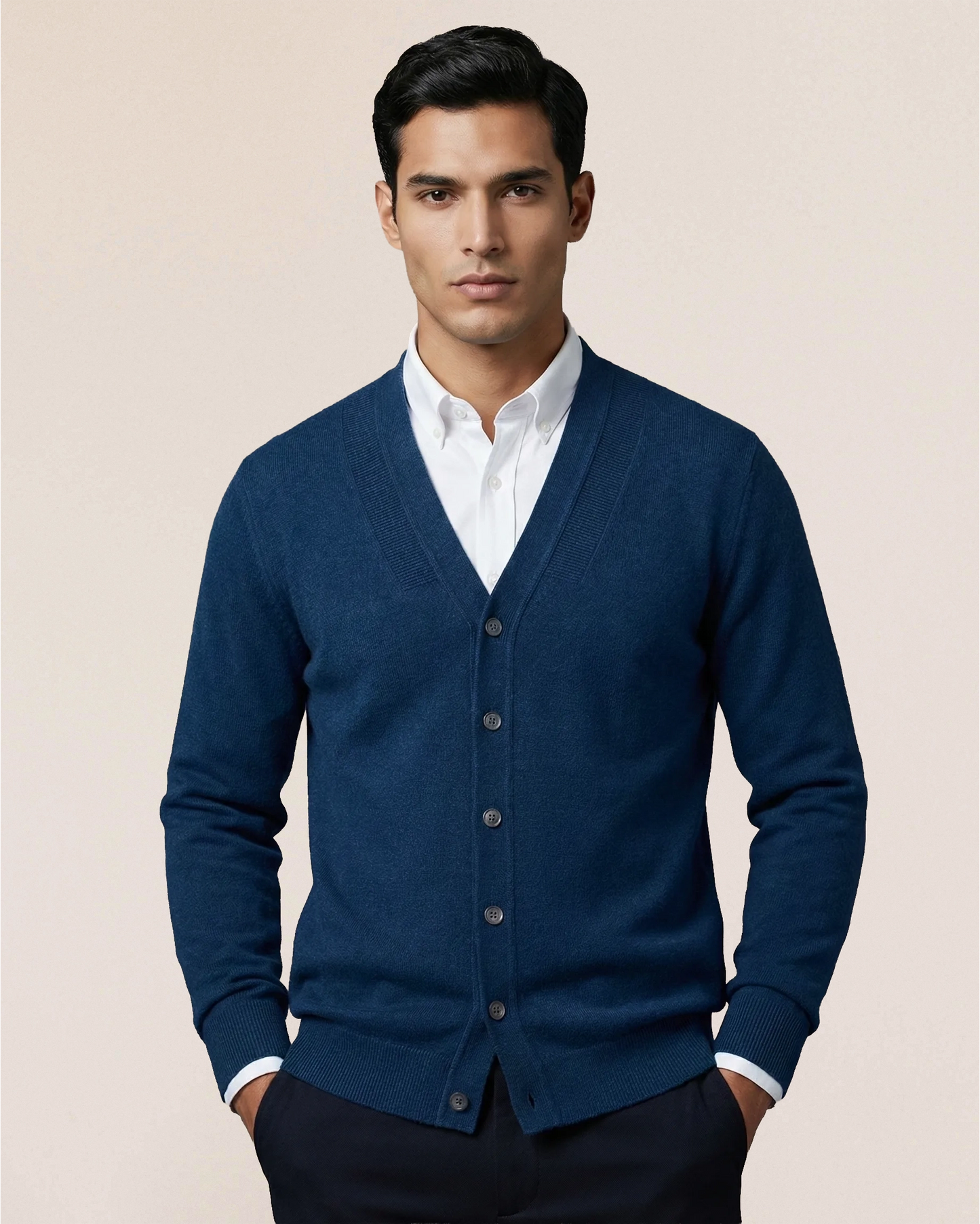 VIONIS·XY 280g 100% Inner Mongolia Cashmere Signature V-Neck Cardigan Slate Blue Front View on Model
